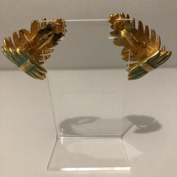 Vintage Givenchy Brushed Green & Goldtone Clip Earrings - Picture 2 of 5